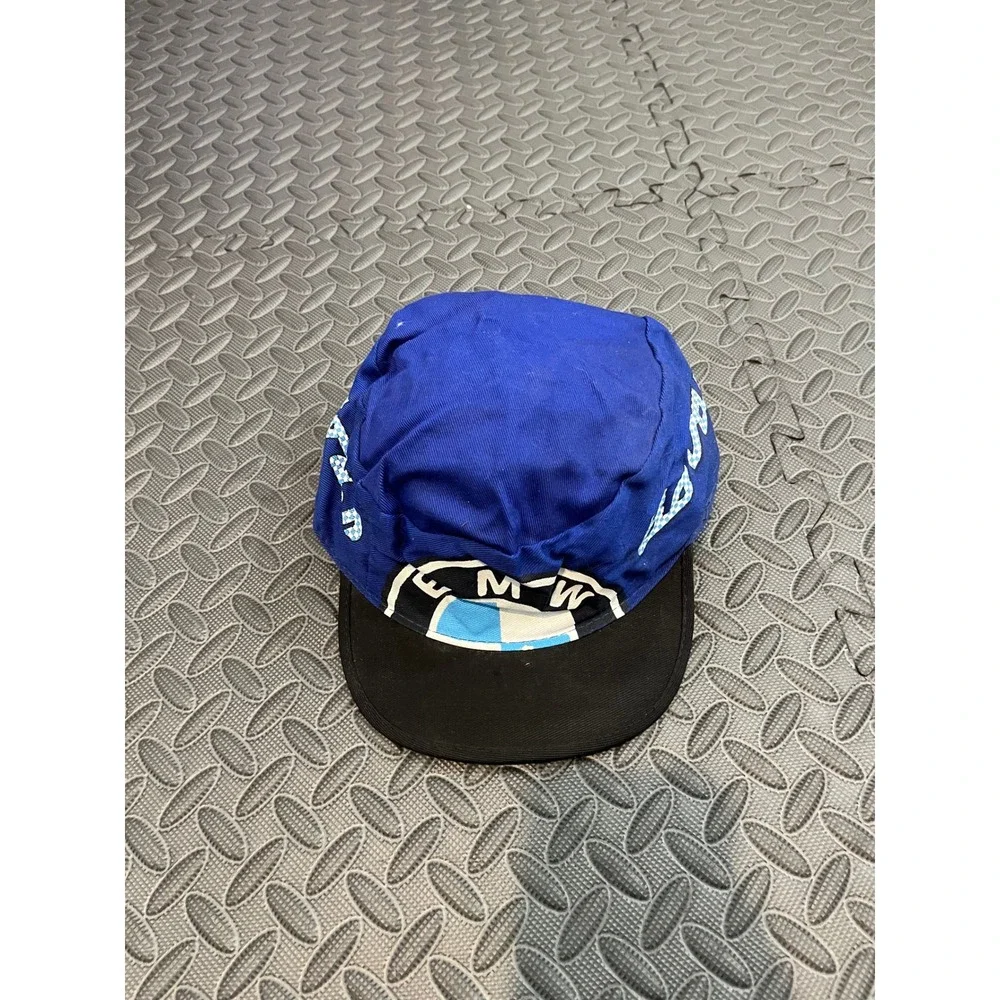 Vintage BMW Flat Brim Cap Mens OS Blue Black Bavarian Motor Works Racing Hat